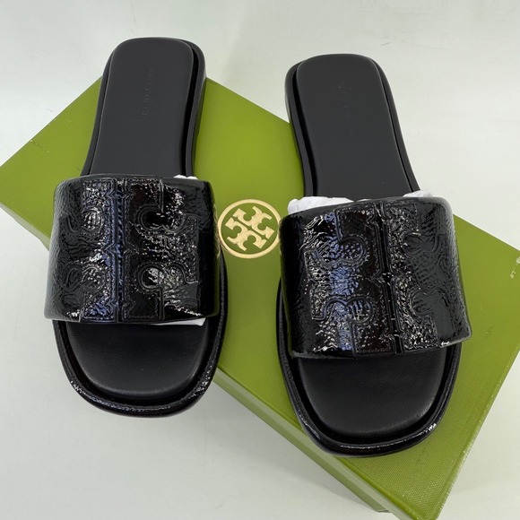 NEW‎ Tory Burch Double T Sport Slide Patent Leather Perfect Black 141380 Sz 5